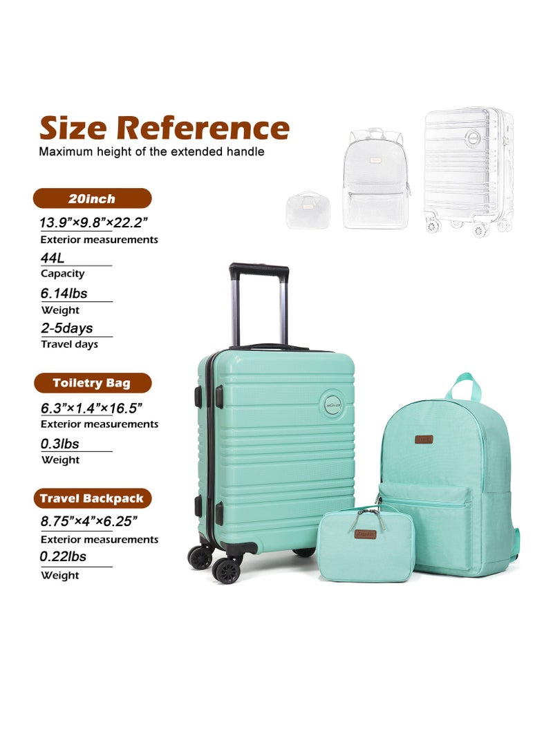 Stylish 3-Piece Mint Green Luggage Set with Spinner Wheels, Travel Backpack, and Toiletry Bag – Lightweight and Durable Travel Essentials