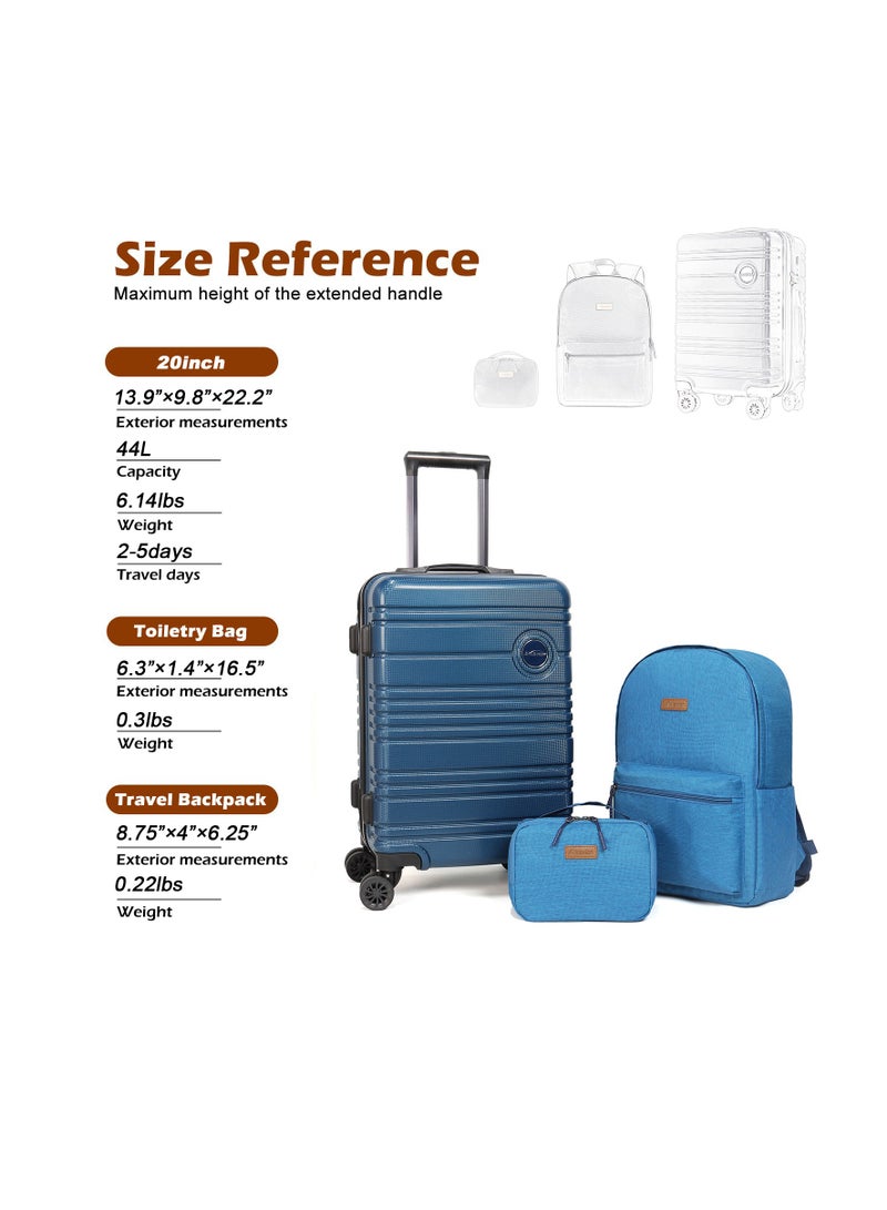 Aklsvion 20-Inch Blue Spinner Luggage Set with Backpack and Toiletry Bag - Lightweight, Durable, and TSA Lock-Equipped for Travel Ease