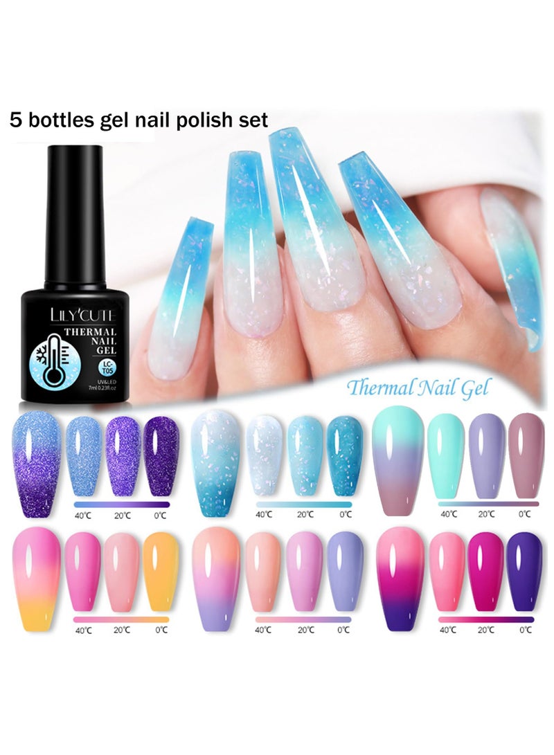 5 Pcs Gel Nail Polish, Colour Changing Gel Nail Polish Set, UV Gel Thermal Temperature Nail Polish Set Soak Off Glitter Matte Finish Nails Art Gifts For Women