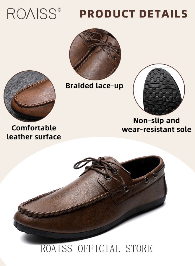 Business Casual Classic Leather Shoes for Men Hand Stitching Lace-Up Comfortable Breathable Loafer Men's Vintage Round Toe Soft Bottom Lightweight Walking or Driving Shoes