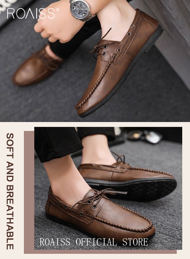 Business Casual Classic Leather Shoes for Men Hand Stitching Lace-Up Comfortable Breathable Loafer Men's Vintage Round Toe Soft Bottom Lightweight Walking or Driving Shoes