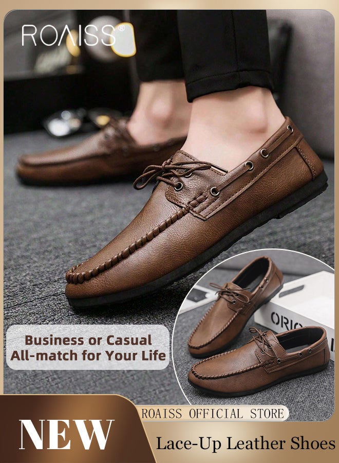 Business Casual Classic Leather Shoes for Men Hand Stitching Lace-Up Comfortable Breathable Loafer Men's Vintage Round Toe Soft Bottom Lightweight Walking or Driving Shoes