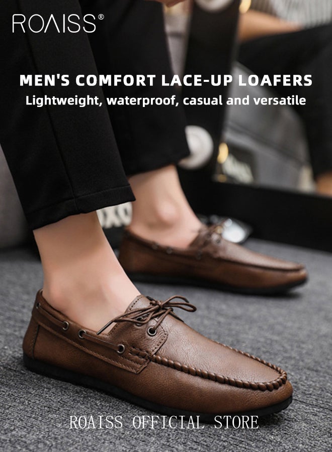 Business Casual Classic Leather Shoes for Men Hand Stitching Lace-Up Comfortable Breathable Loafer Men's Vintage Round Toe Soft Bottom Lightweight Walking or Driving Shoes