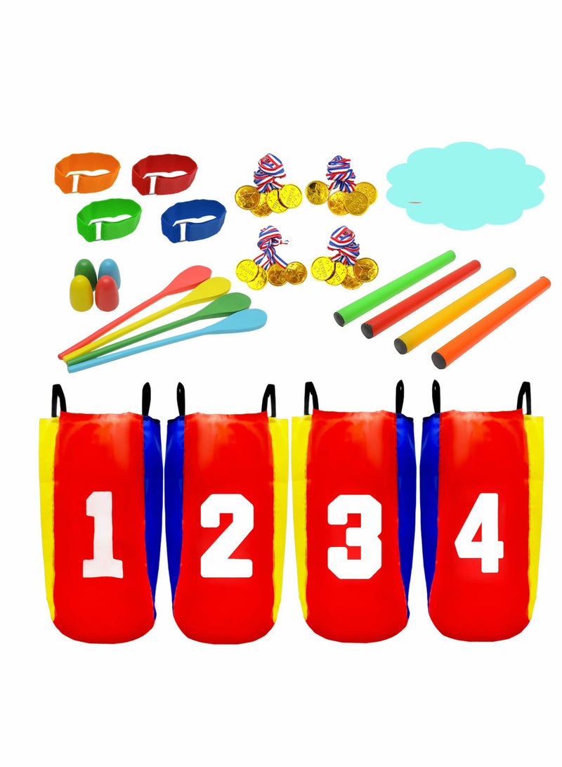 Outdoor Kids Games Set with Potato Sack Race Bags, Bean Bag Toss, 3 Legged Bands, and Egg Spoon Game for Birthday Parties and Camping Fun