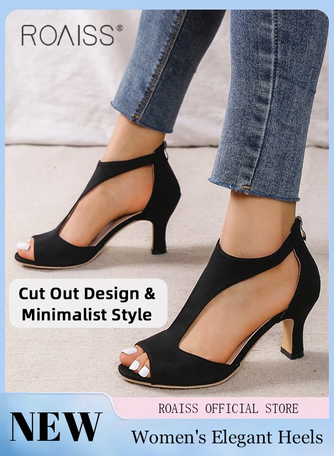 Elegant Sandals Boots for Women Hollow out Design Faux Suede Chunky Heeled Boots Ladies Open Toe Comfortable Peep Heels with Stylish Ankle T-Strap Design