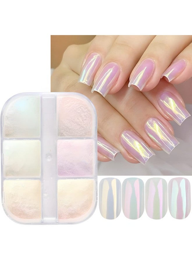 6 Colors Chrome Nail Powder Metallic Mirror Effect Aurora Magic White Pearl Chrome Nails Powder For Nail Art Gel Polish Mica Powder Iridescent Nail Powder Manicure Pigment