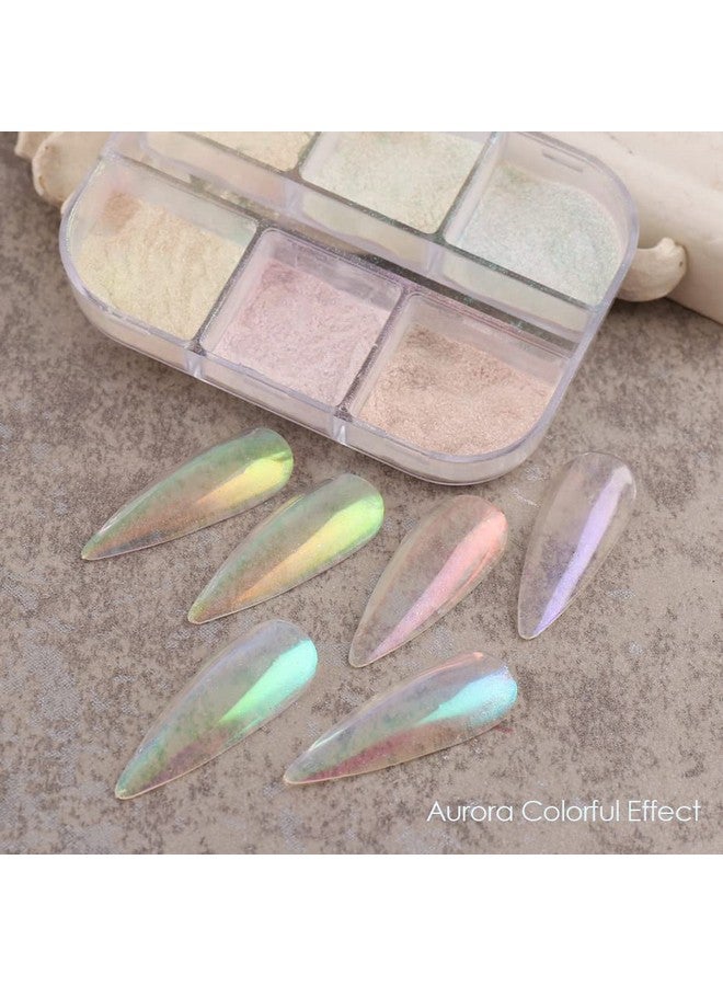 6 Colors Chrome Nail Powder Metallic Mirror Effect Aurora Magic White Pearl Chrome Nails Powder For Nail Art Gel Polish Mica Powder Iridescent Nail Powder Manicure Pigment