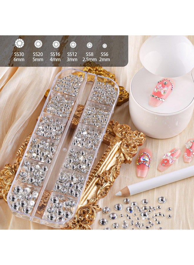 Rhinestones For Nails Manicure Kit With Nail Rhinestone Glue Gel 26Mm Flatback Glass Crystal Ab + Clear Gemstones And Colorful Resin Beads Gem Glue For Nails (Uvled Needed) With Dotting Tools