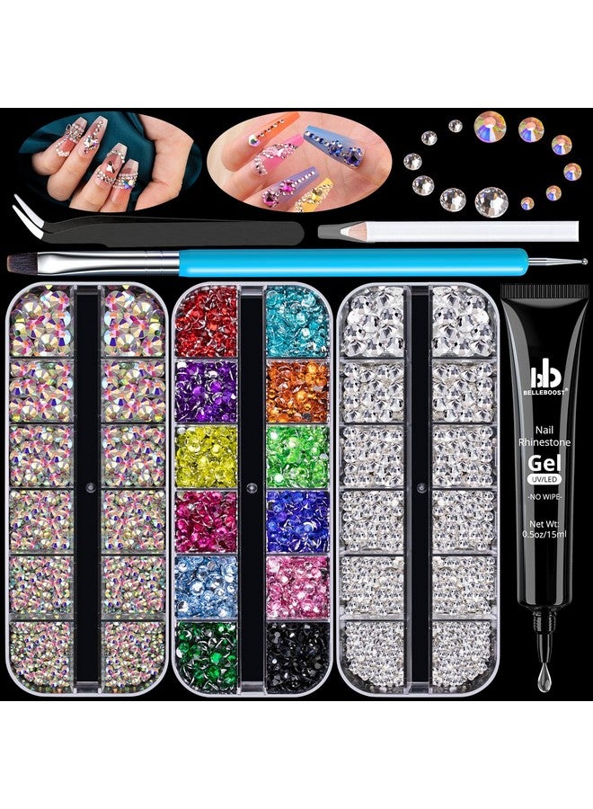 Rhinestones For Nails Manicure Kit With Nail Rhinestone Glue Gel 26Mm Flatback Glass Crystal Ab + Clear Gemstones And Colorful Resin Beads Gem Glue For Nails (Uvled Needed) With Dotting Tools