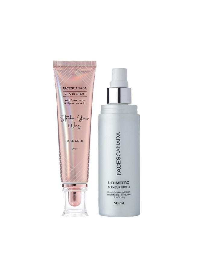 Faces Canada Glow & Go Combo Kit - Rose Gold Strobe Cream (30Ml) & Makeup Fixer (50Ml) | All Day Natural Glow | Hydrating Makeup Fixer | Illuminating & Glowing Makeup Kit