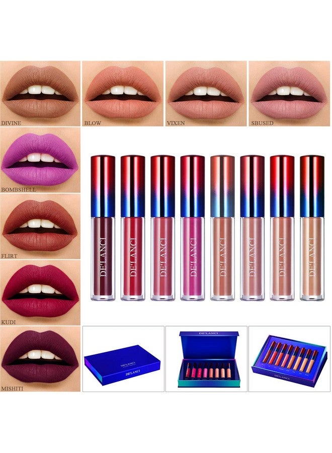 Liquid Lipstick Matte Set, Delanci Lipgloss Long Lasting Durable Non-Stick Cup Waterproof Lipstick, 8 Colors Velvet Smooth Lip Gloss For Women