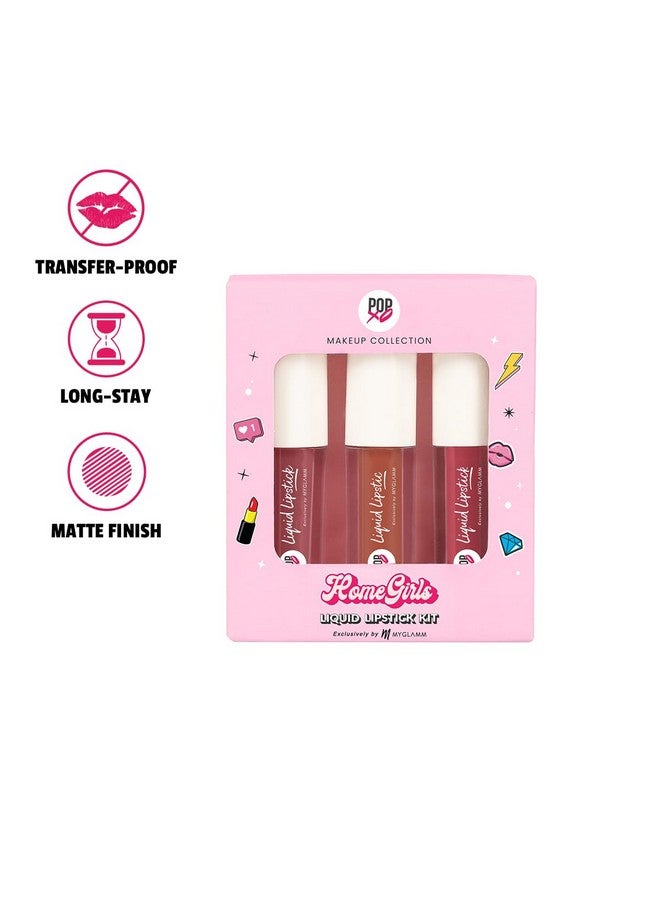 Popxo Makeup -Matte Finish Liquid Lipstick Kit - Homegirls -1.5G (Set Of 3) | Set Of Dusty Rose, Brown, Peachy Pink Lipsticks | Enriched With Cocoa Butter & Vitamin E