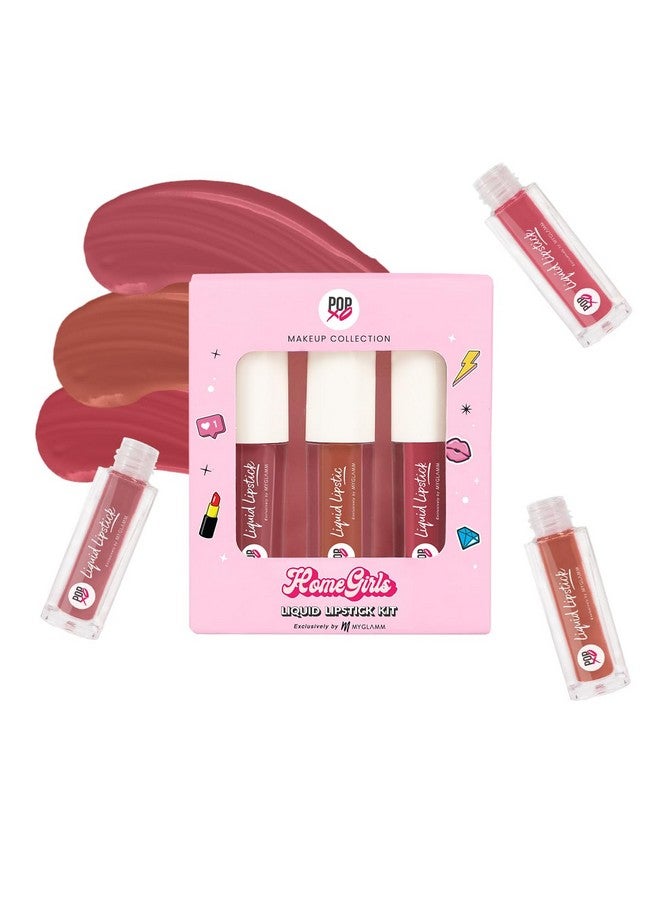 Popxo Makeup -Matte Finish Liquid Lipstick Kit - Homegirls -1.5G (Set Of 3) | Set Of Dusty Rose, Brown, Peachy Pink Lipsticks | Enriched With Cocoa Butter & Vitamin E