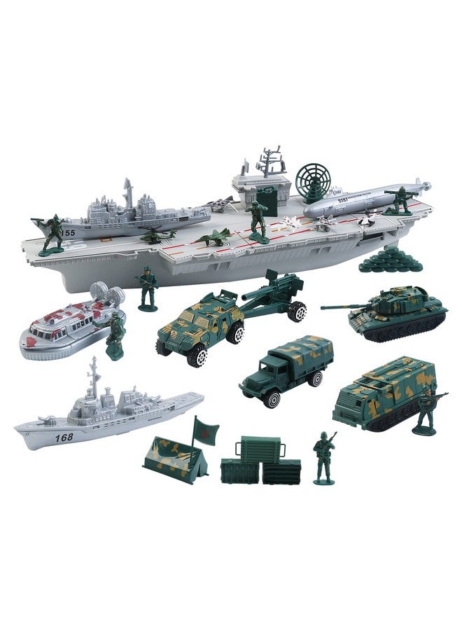 Aircraft Carrier Toy With Scale Model Warplanes Warships Military Vehicles Battleship Helicopter Planes Trucks Tank Army Men Toys For Kids Boys Girls 18 Inches