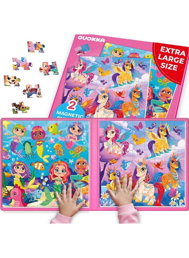 Magnetic Puzzles For Kids Ages 4-6 - 2X48 Travel Puzzle Games For Toddlers 3-5 Years Old - Car Activities Toy For Boys And Girls 2-4 Yo - Unicorns & Mermaid Learning Magnet For Road Trip