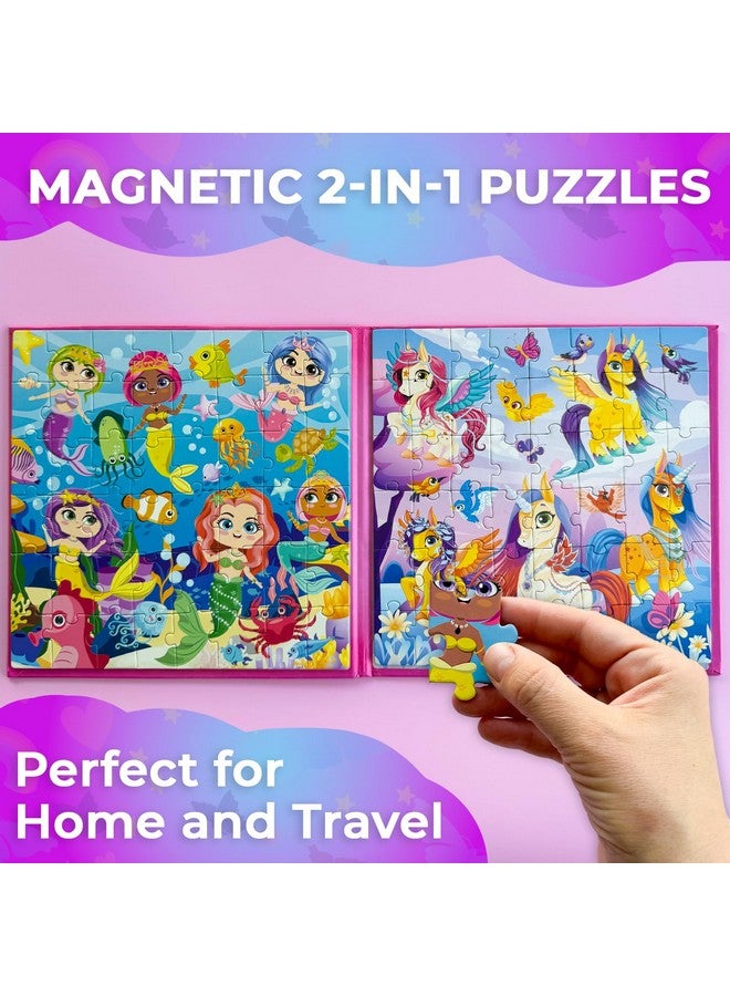 Magnetic Puzzles For Kids Ages 4-6 - 2X48 Travel Puzzle Games For Toddlers 3-5 Years Old - Car Activities Toy For Boys And Girls 2-4 Yo - Unicorns & Mermaid Learning Magnet For Road Trip