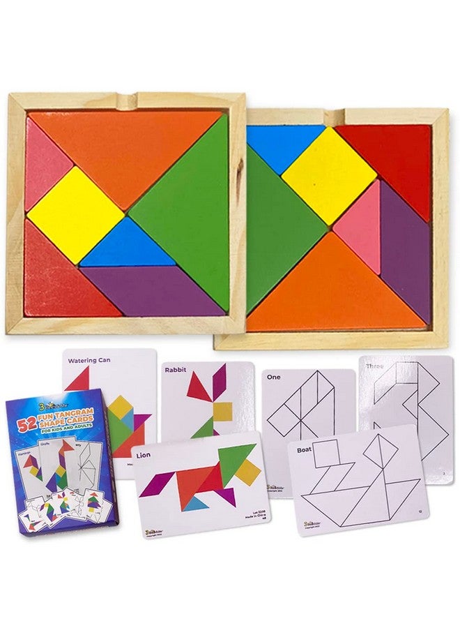 2 Wooden Tangram Shapes Puzzle Toys With 52 Pattern Cards For Kids And Adults - Montessori Wood Toy, Stem Shape Puzzles Manipulatives Games, Educational Tangrams, Brain Logic Blocks