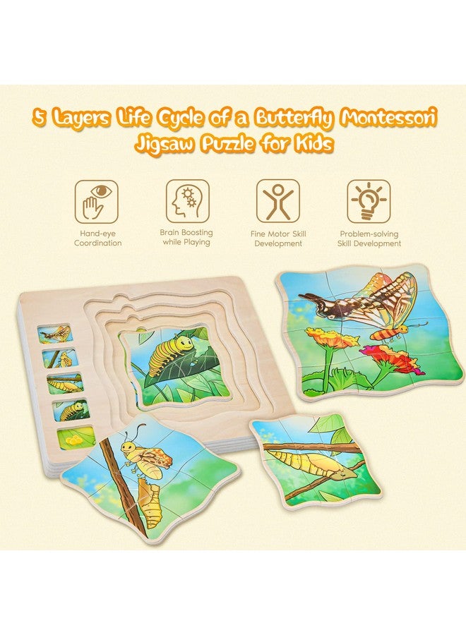 Wooden Puzzles For Kids Ages 4-8, 5 Layers Life Cycle Of A Butterfly Montessori Jigsaw Puzzle For Kids, Children Preschool Learning Educational Puzzles Toys For Boys And Girls