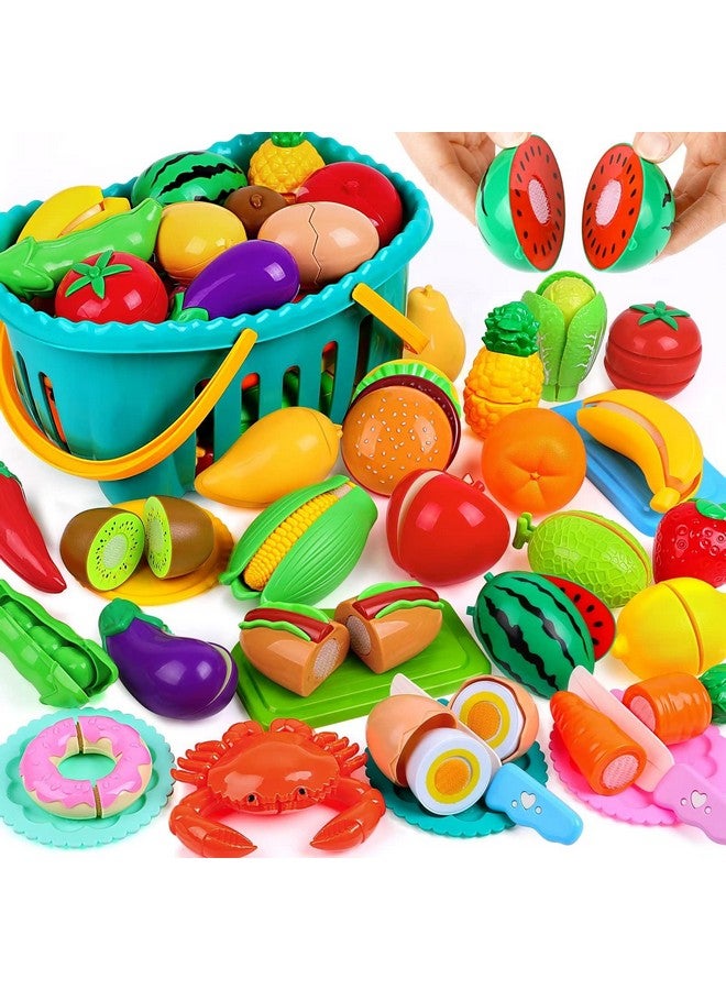 70Pcs Cutting Play Food Sets For Kids Kitchen Toy Food Cutting Toys Fruits And Vegetables With Storage Basket Fake Food Pretend Play Kitchen Accessories Toys For Toddlers Boys Girls Xmas Gifts