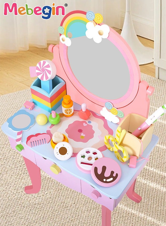 Kids Vanity Set,Table Chair Vanity Set with Mirror includes 10 pcs Multiple Make Up Accessories, Makeup Dressing Table with Storage Drawer, Pretend Play Vanity Set for Girls Birthday Gift,Pink