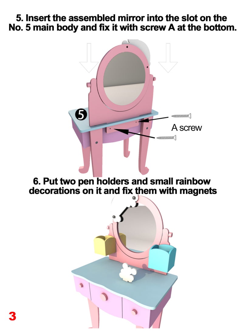 Kids Vanity Set,Table Chair Vanity Set with Mirror includes 10 pcs Multiple Make Up Accessories, Makeup Dressing Table with Storage Drawer, Pretend Play Vanity Set for Girls Birthday Gift,Pink