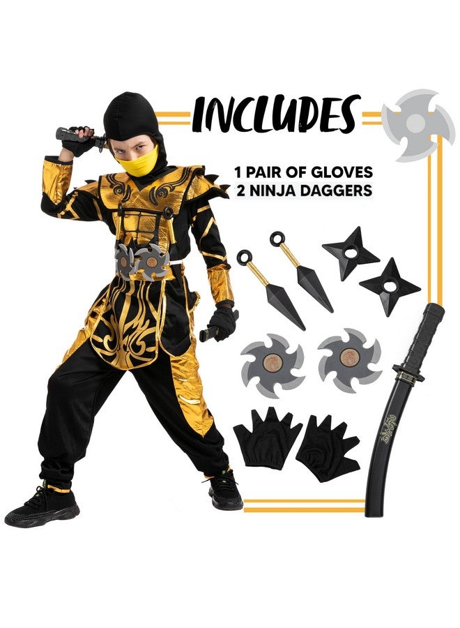 Gold Ninja Costume For Boys, Child Golden Ninja Costume Ninja Themed Parties, Halloween Costume Dress Up (Small (5-7Yr))