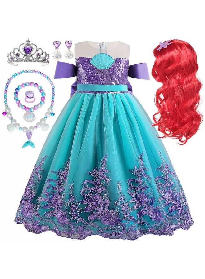 Princess Little Mermaid Costume For Girls Mermaid Wig Princess Ariel Cosplay Dress Up For Birthday Party Halloween Costume (140(7-8T))