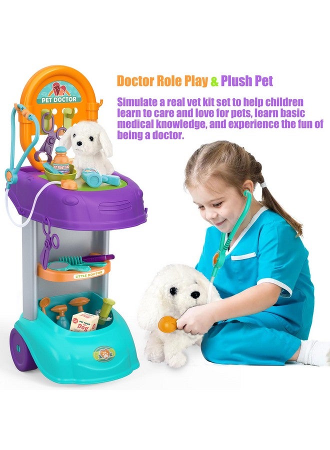 Vet Doctor Cart(24 Pcs) For Toddlers 3-5, Kids Pretend Medical Play Set With Soft Plush Pet,Educational Doctor Play Set,Brithday For Boys Girls