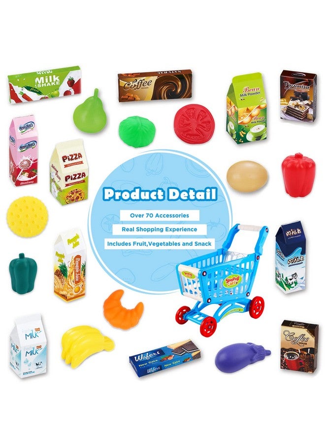 Kids Shopping Cart Trolley Play Set Includes Over 70 Grocery Food Fruit Vegetables Shop Accessories Play Food Role Play Educational Toy (Blue)