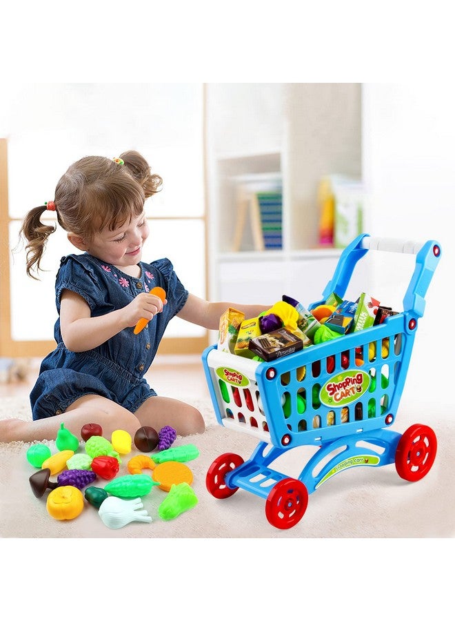 Kids Shopping Cart Trolley Play Set Includes Over 70 Grocery Food Fruit Vegetables Shop Accessories Play Food Role Play Educational Toy (Blue)