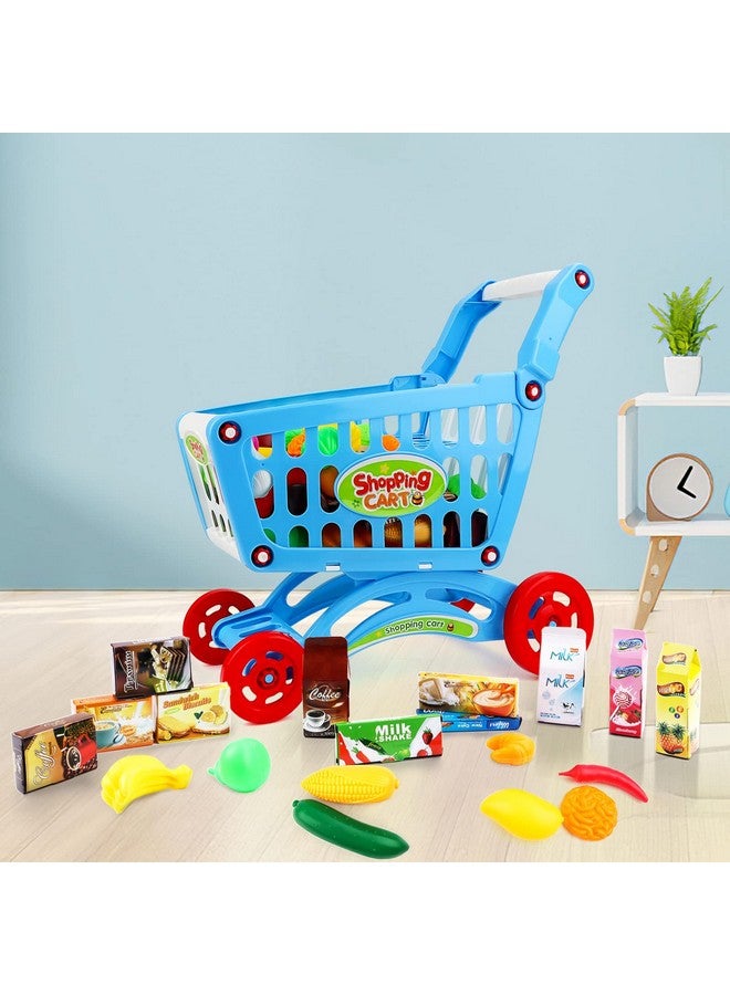 Kids Shopping Cart Trolley Play Set Includes Over 70 Grocery Food Fruit Vegetables Shop Accessories Play Food Role Play Educational Toy (Blue)