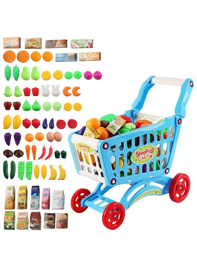 Kids Shopping Cart Trolley Play Set Includes Over 70 Grocery Food Fruit Vegetables Shop Accessories Play Food Role Play Educational Toy (Blue)