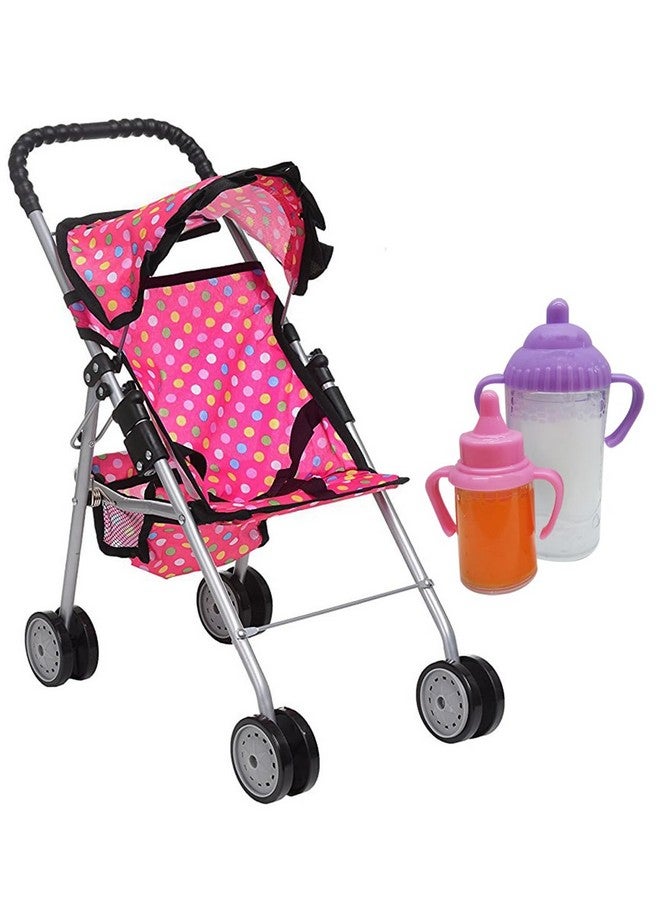 My First Baby Doll Stroller Pink Polka Dot Doll Stroller With Basket Soft Grib Handle. Foldable With Hood Toy Doll Pram Baby Doll Accessories. With 2 Free Bonus Doll Bottles Included