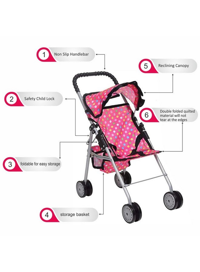 My First Baby Doll Stroller Pink Polka Dot Doll Stroller With Basket Soft Grib Handle. Foldable With Hood Toy Doll Pram Baby Doll Accessories. With 2 Free Bonus Doll Bottles Included