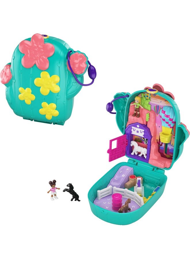 Playset, Travel Toy With 2 Micro Dolls & Pet Horses, Pocket World Cactus Cowgirl Ranch Compact