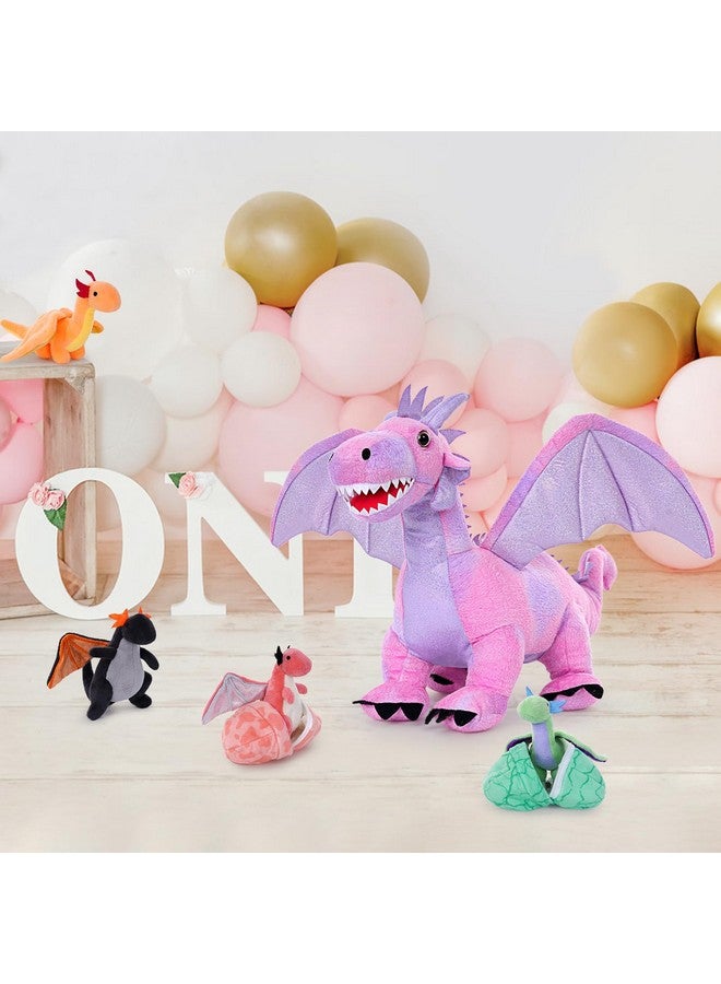 7 Pcs Dragon Plush Stuffed Animal,Pink Dragon Plush Toy Set,Large Stuffed Dragon Plush Bulk,Stuffed Mom Dragon With 4 Babies And 2 Eggs Plush For Girl