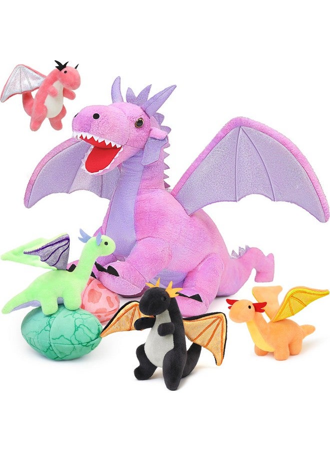 7 Pcs Dragon Plush Stuffed Animal,Pink Dragon Plush Toy Set,Large Stuffed Dragon Plush Bulk,Stuffed Mom Dragon With 4 Babies And 2 Eggs Plush For Girl