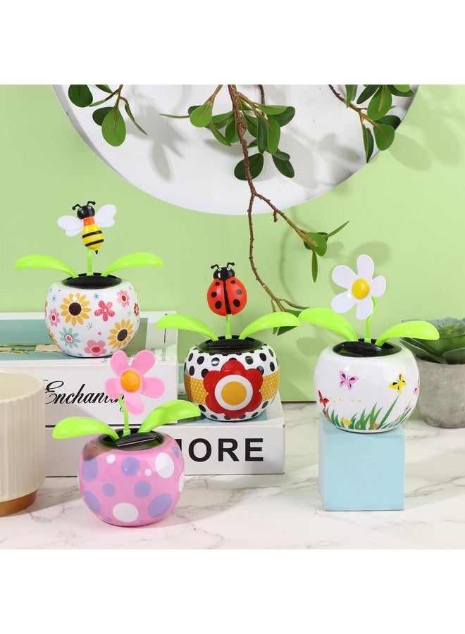 4 Solar Dancing Bee Toy Solar Powered Dancing Sun Flower In Colorful Pots Swinging Ladybug Shape Flip Flap Animated Bobblehead Dancer Window Rose Sun Catcher Car Dashboard Decor