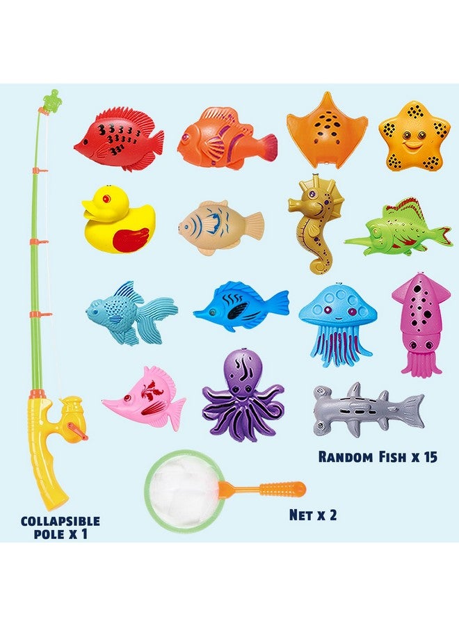 ™ Kids Fishing Bath Toys Game - 17Pcs Magnetic Floating Toy Magnet Pole Rod Net, Plastic Floating Fish - Toddler Education Teaching And Learning Colors (New)