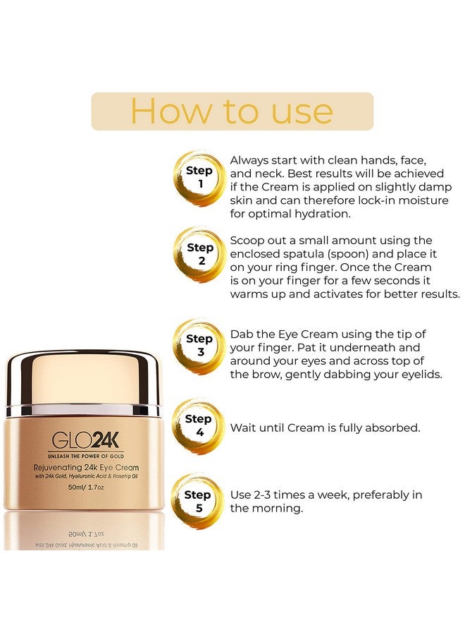 Glo24K Eye Cream With 24K Gold Hyaluronic Acid Rosehip Oil And Vitamins. Minimizes Wrinkles And Finelines Around The Eyes.