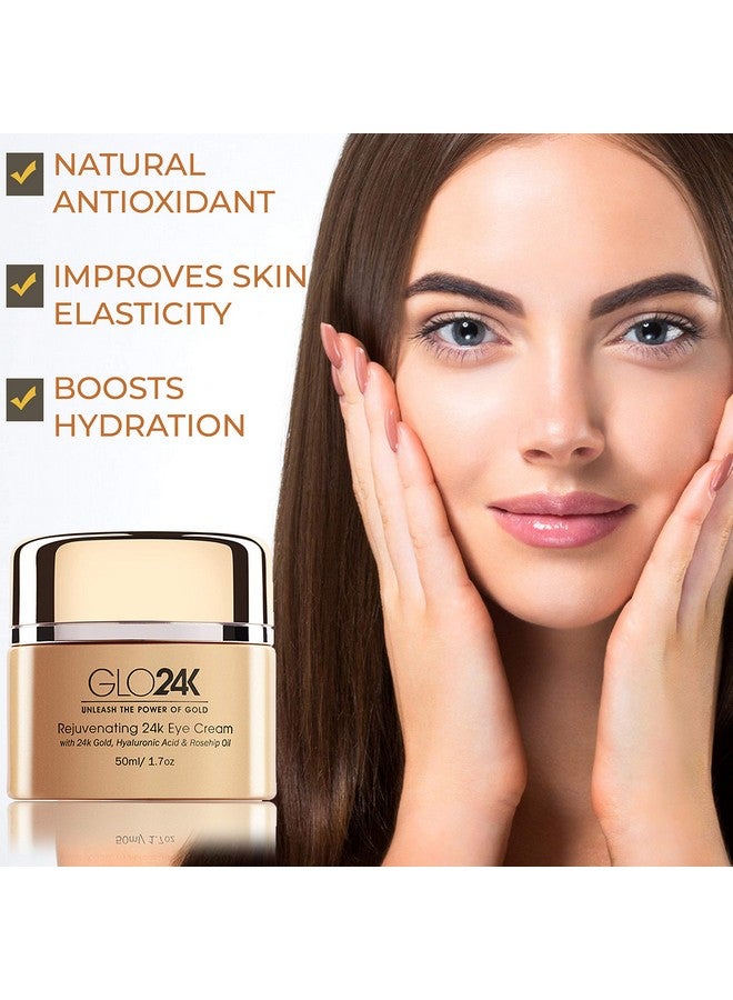 Glo24K Eye Cream With 24K Gold Hyaluronic Acid Rosehip Oil And Vitamins. Minimizes Wrinkles And Finelines Around The Eyes.