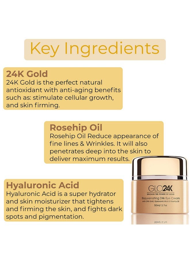 Glo24K Eye Cream With 24K Gold Hyaluronic Acid Rosehip Oil And Vitamins. Minimizes Wrinkles And Finelines Around The Eyes.