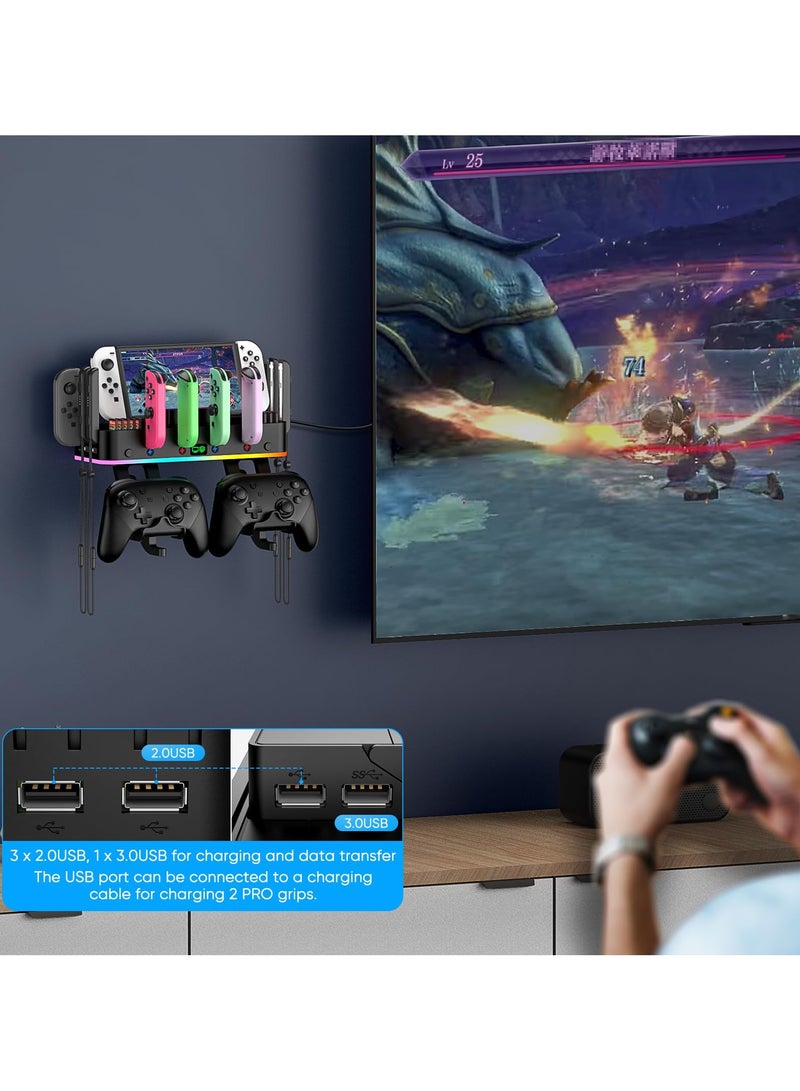 Switch Wall Mount with Charger, Wall Mount Kit Shelf for Nintendo Switch OLED, Controller Charging Dock Base with 15 Light Mode & 4 USB Port, Switch Organizer for 10 Card Slots