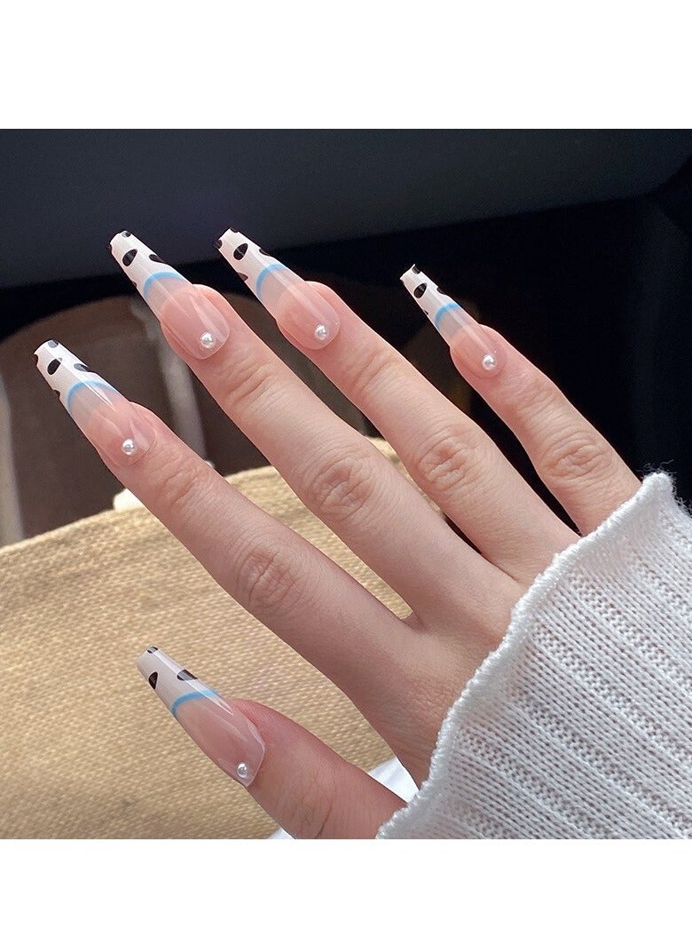 Cow Print Nails Long Fake Nails with Pearl Glossy Press on Nails Coffin White False Nails Full Cover Artificia Nails for Women and Girls 24PCS/Set