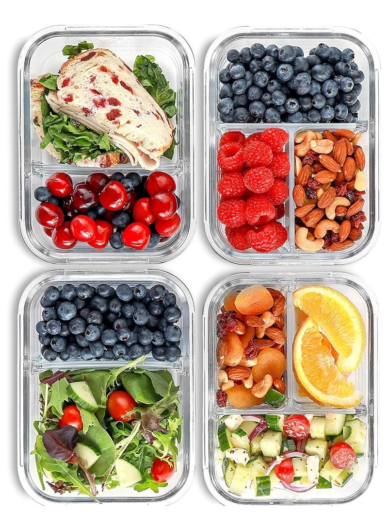 4 Pack, 35 oz( 2 & 3 Compartment) Glass Meal Prep Containers Glass Food Storage Containers with Lids, Lunch Containers  Portion Control, Airtight,microwave oven  safe