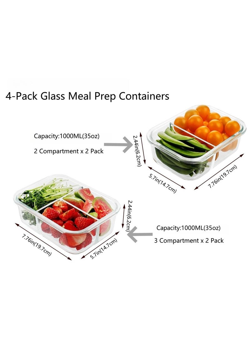 4 Pack, 35 oz( 2 & 3 Compartment) Glass Meal Prep Containers Glass Food Storage Containers with Lids, Lunch Containers  Portion Control, Airtight,microwave oven  safe