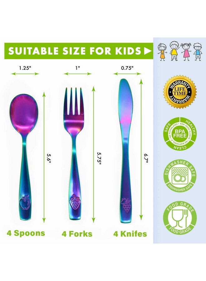 12 Piece Stainless Steel Kids Silverware Set Child And Toddler Safe Flatware Kids Utensil Set Metal Kids Cutlery Set Includes 4 Small Kids Spoons 4 Forks & 4 Knives Uv Rainbow