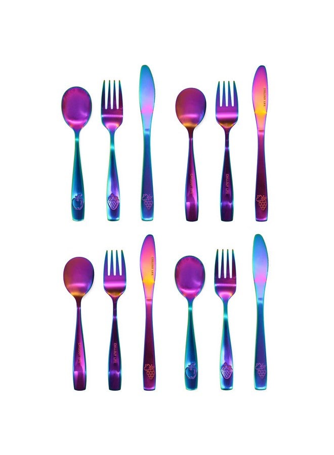 12 Piece Stainless Steel Kids Silverware Set Child And Toddler Safe Flatware Kids Utensil Set Metal Kids Cutlery Set Includes 4 Small Kids Spoons 4 Forks & 4 Knives Uv Rainbow