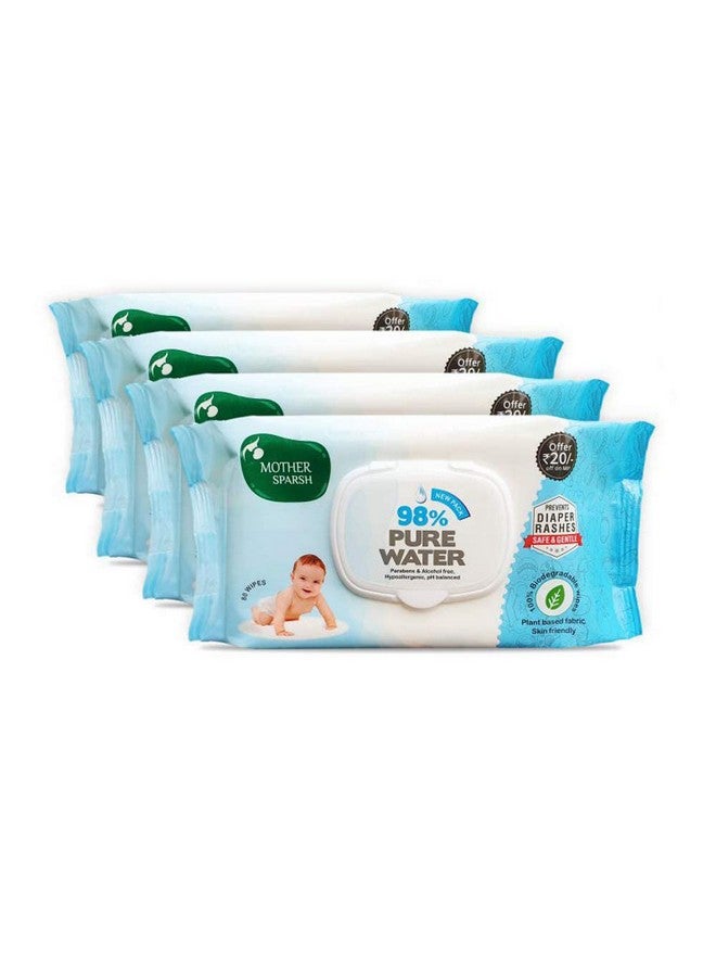 Plant Based Fabric Blue Baby Water Based Wipes (Pack Of 4, 80 Pieces)