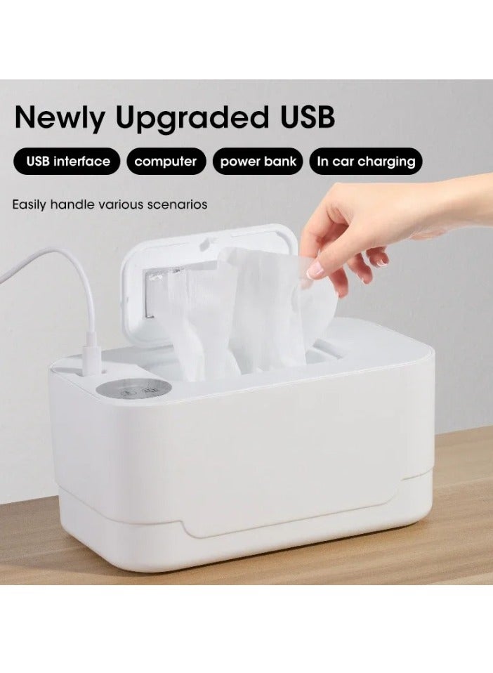 Portable Wipes Warmer, Temperature Adjustable Baby Wet Wipe Heater, Multifunctional USB Baby Wipes Holder Dispenser, LED Display Baby Wipes Heating Box For Home Travel Car, (White)